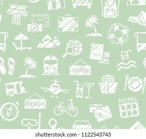 Different types of holidays and ways of travelling. White drawings on a light green background. Imitation of pencil hatching. Vector, color pattern. 