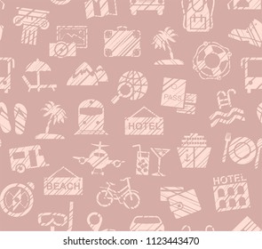Different types of holidays and ways of travelling. Pink drawings on pink background. Imitation of pencil hatching. Vector, color pattern. 