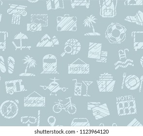 Different types of holidays and ways of travelling. Gray drawings on a gray background. Imitation of pencil hatching. Vector, color pattern. 