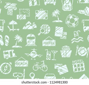 Different types of holidays and ways of travelling. The green figures on a green background. Imitation of pencil hatching. Vector, color pattern. 