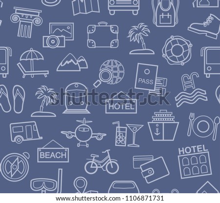 Different types of holidays and ways of travelling. Vector, color background. Gray line drawings on the blue field. 