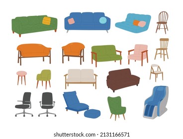 Different types of home interior furniture chairs. flat design style vector illustration.