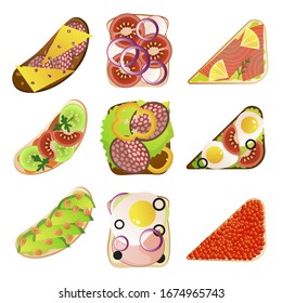 Different types of homemade sandwiches for breakfast vector illustration