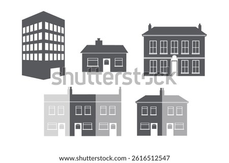 Different types of homes and dwellings icons. Flat, bungalow, detached house, semi-detached house, terraced houses.