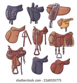Different types of horse riding saddles. Collection equestrian ammunition - dressage, show jumping, universal, vaulting, Australian, drill, western, race and lady's saddles. Set elements for horses.