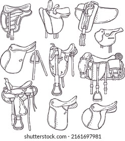 Different types of horse riding saddles. Collection equestrian ammunition - dressage, show jumping, universal, vaulting, Australian, drill, western, race and lady's saddles. Set elements for horses.