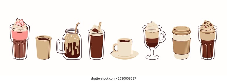 Different types of hot and cold coffee beverage. Espresso, americano cup, cappuccino and latte, iced macchiato in glass. Flat vector illustrations isolated on white background