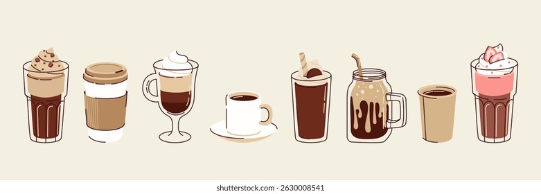 Different types of hot and cold coffee beverage. Espresso, americano cup, cappuccino and latte, iced macchiato in glass. Flat vector illustrations isolated on white background