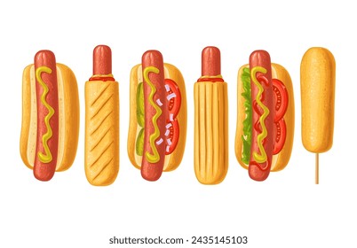 Verschiedene Sorten Hotdog und Corndog mit Tomate, Ketschup, Mayo, Blattsalat, Gurke, Senf, Zwiebel. Draufsicht. Vektor-Farbe flache Illustration für Poster, Menüs, Web. Symbol isoliert auf weiß