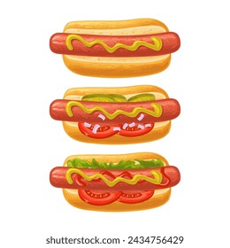 Verschiedene Sorten Hotdog mit Tomate, Ketschup, Blattsalat, Gurke, Senf, Zwiebel. Draufsicht. Vektor-Farbe flache Illustration für Poster, Menüs, Web. Symbol isoliert auf weißem Hintergrund