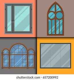 Different types house windows elements flat style frames construction decoration apartment vector illustration.