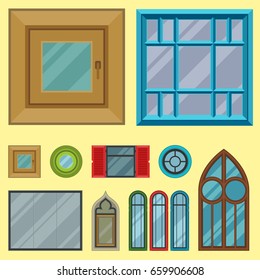 Different types house windows elements flat style frames construction decoration apartment vector illustration.