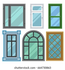 Different types house windows elements flat style frames construction decoration apartment vector illustration.