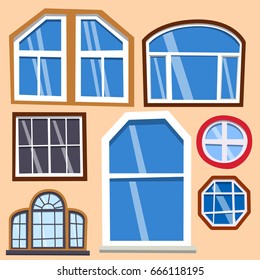 Different types house windows elements flat style frames construction decoration apartment vector illustration.