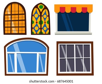 Different types house windows elements flat style frames construction decoration apartment vector illustration.