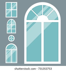 Different types house windows elements flat style glass frames construction decoration apartment vector illustration.