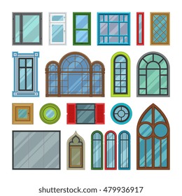 Different types house windows vector elements isolated on white background