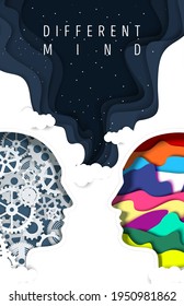 Different types of human mind vector poster template. Layered paper cut craft style man head silhouettes with gears, cogwheels and abstract vibrant shapes. Creative and logical mind.