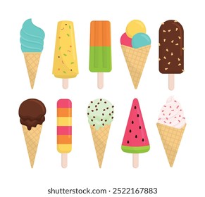 Different Types of Ice Cream. Assorted Ice Cream Cones, Popsicles, and Bars. Colorful Collection of Frozen Treats.