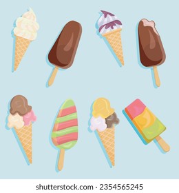 Different types of ice cream in a cone, on a stick, ice cream, chocolate, fruit ice