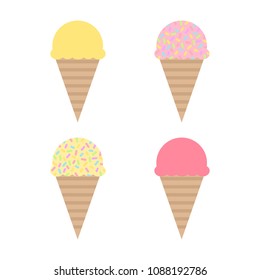 Different types of ice cream, cute vector icon set. Scoop of vanilla or strawberry sweet ice cream in waffle cone. Ice cream topped with colorful rainbow sprinkles.