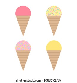 Different types of ice cream, cute vector icon set. Scoop of vanilla or strawberry sweet ice cream in waffle cone. Ice cream topped with colorful rainbow sprinkles.