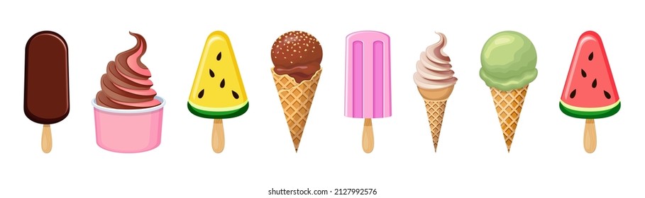 Different types of ice cream isolated on a white background. Modern flat style illustration. Summer dessert vector icons.