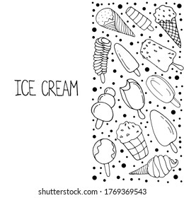 Diferentes tipos de helados. Impresión sobre platos, tejidos y ropa. Ilustración vectorial aislada con helado, fruta, helado de gofre sobre un fondo blanco.  Estilo Doodle.  Archivo vector. 