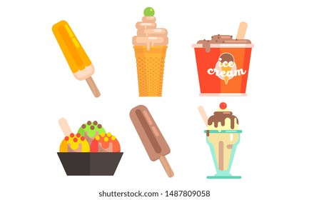 Different Types of Ice Cream Set, Tasty Ice Cream Scoop, Waffle Cone, Popsicle Vector Illustration