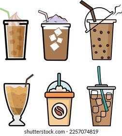 Different types of iced coffee in mugs and glassed tumblers. Vector illustration set in doodle style. Hand-drawn colored elements isolated on white background for menu, advert or print.