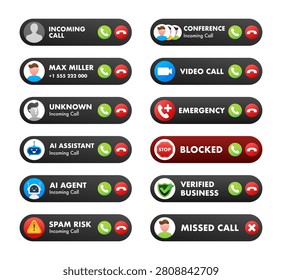 Different types of incoming call notifications and message alerts on a digital interface