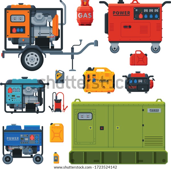 Different Types of Industrial Power\
Generators Set, Propane Gas Cylinder, Fuel Jerrycan, Electrical\
Engine Equipment Vector\
Illustration