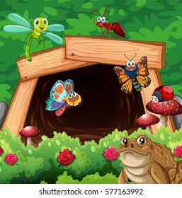 Different types of insects in front of tunnel illustration