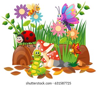 Different types of insects in garden illustration