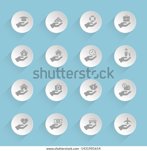 different types of insurance gray\
vector icons on round puffy paper circles with transparent shadows\
on blue background for web, mobile and user interface\
design