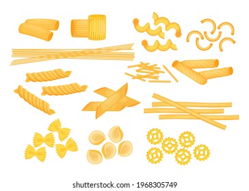 Different types of Italian pasta flat vector illustrations set. Raw macaroni, penne, farfalle, ziti, fusilli, spaghetti isolated on white background. Italian cuisine, pasta, food, restaurant concept