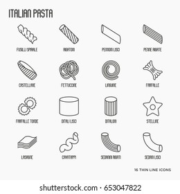 Different types of Italian pasta for menu of restaurant or cafe. Thin line vector illustration.