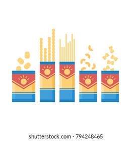 Different types of Italian pasta. Vector illustration in flat style. 