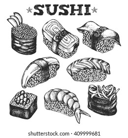 Different types of Japanese sushi. Hand drawn set. Vector illustration in vintage style. Menu or signboard template for restaurant of Japanese cuisine.