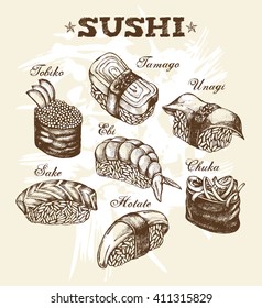 Different types of Japanese sushi (nigiri, gunkan). Hand drawn set. Vector illustration in vintage style. Menu or signboard template for restaurant of Japanese cuisine.