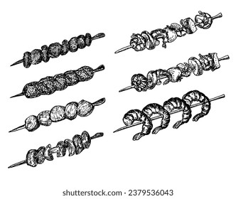 Different types of kebab on a skewer. Skewers set. Barbecue food sketch. Kebab of meat, poultry, lula kebab, mushroom kebab, shrimp on a skewer. Vector illustration on white background.