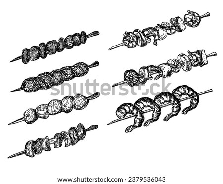 Different types of kebab on a skewer. Skewers set. Barbecue food sketch. Kebab of meat, poultry, lula kebab, mushroom kebab, shrimp on a skewer. Vector illustration on white background.