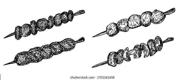Diferentes tipos de kebabs. Colección de ilustraciones de la cocina georgiana. bocetos dibujados a mano con un plato nacional de carne de la cocina caucásica barbacoa en las brochetas. conjunto de esbozos