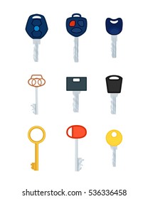 Different types of keys. Collections of pictures. Modern and antique keys. Cartoon design. Various kinds of protection. Security. Flat style. Vector