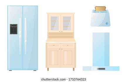 Different types of kitchen appliences and home furniture vector illustration