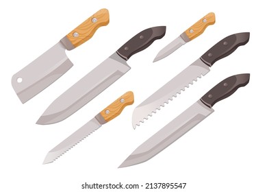 Different types of kitchen knives cartoon collection set. Hatchet or cleaver for meat cutting, chefs knife of stainless steel for cutting into thin slices. Kitchen utensils concept