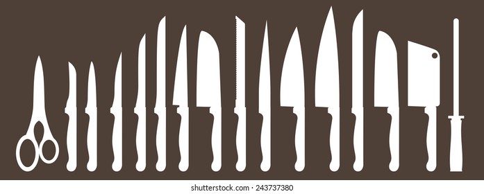 Different types of kitchen knives. Vectors set