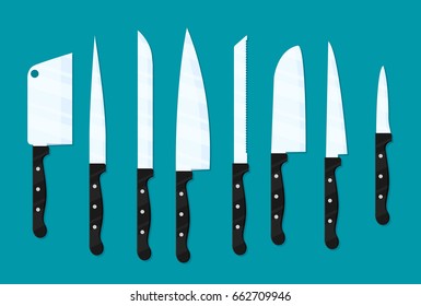 Different types of kitchen knives. Vectors set
