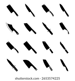 Diferentes tipos de conjunto de vetores de faca. Ícones de faca de cozinha ajustados. Ilustração de silhueta de cutelaria de cozinha preta