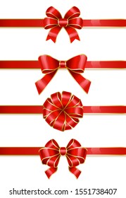 Different types of knot. Ribbon bows isolated set with various techniques used. Satin tape used as decoration of gifts and presents. Wavy stripes for greeting certificates design. Vector in flat style